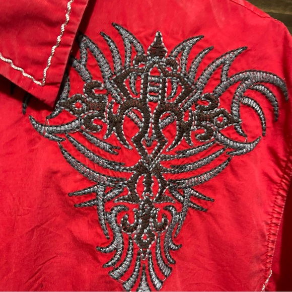 Red Ranch Western Shirt Embroidered Rodeo Bull Riding Snap Buttons Large Cowboy - Picture 10 of 10